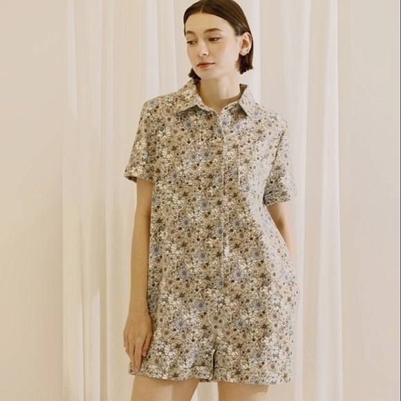 Storia Floral Print Snap Front Short Sleeve Cotton Denim Romper - Size S - Picture 1 of 13